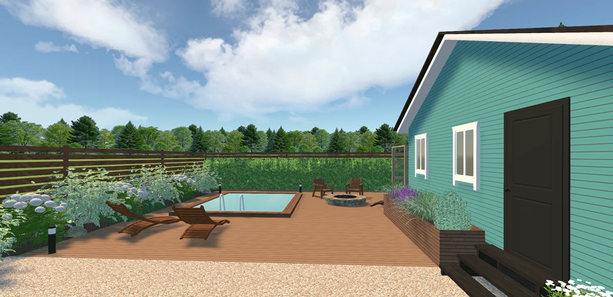 Задний двор с бассейном и зоной отдыха