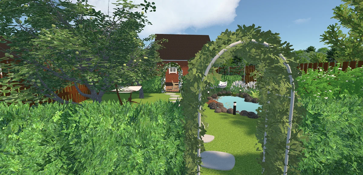 Узкий участок с зеленой аркой и прудом